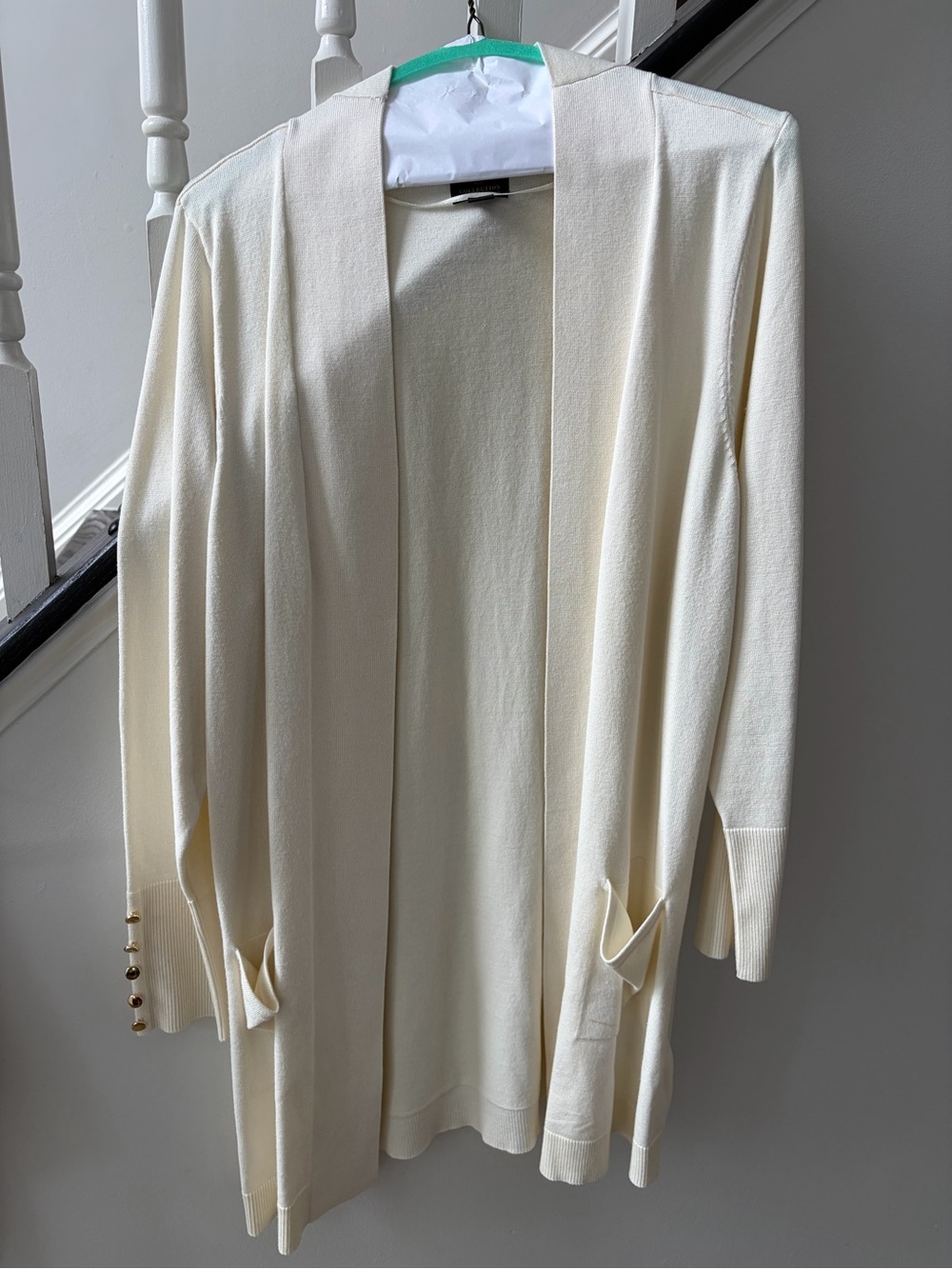 JM Collection Cream Open-Front Cardigan with Cuff Button Detail
